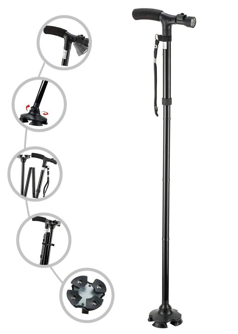 Folding Cane with Led Light, Adjustable Canes and Walking Sticks for Men and Women, Walking Cane Stick for Elderly with Cushion T Handle and Pivoting Quad Baseâ€¦